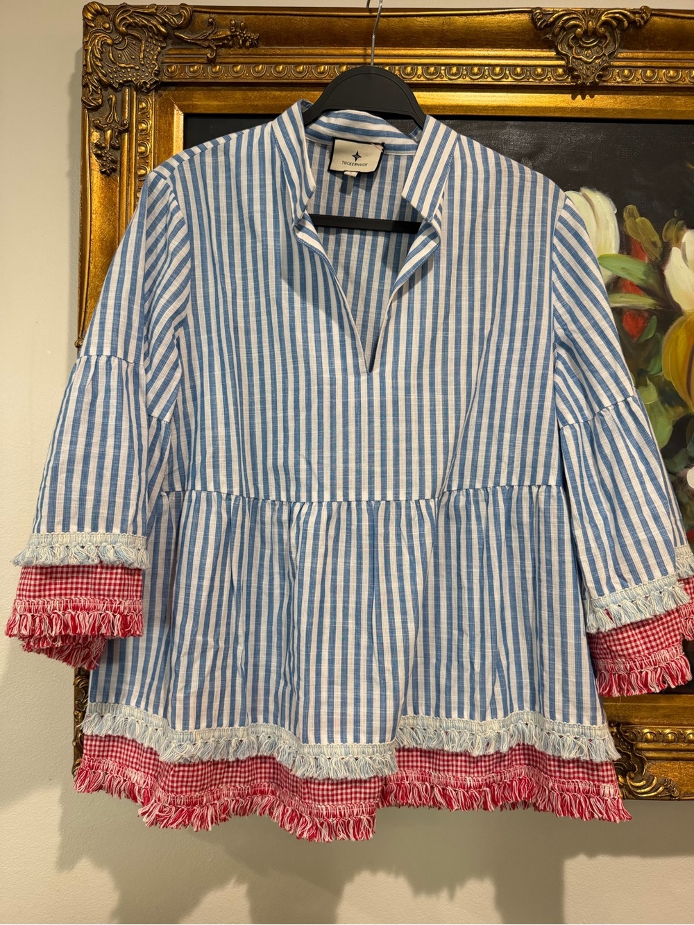 Tuckernuck Blue & White Savanna Stripe with Pink Fringe Trim